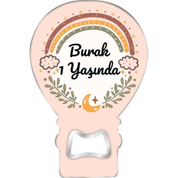 Boho Ay ile Gökkuşağı Çerçeve Krem Fon Temalı Balon Ahşap Magnet 