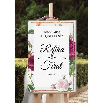 Bordo Güller ile Simli Çerçeve Temalı Söz Nişan Nikah Dekota Karşılama Panosu