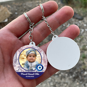 Bordo Mavi Fatmanın Eli ile Nazar Boncuğu Sünnet Temalı Daire Plastik Anahtarlık