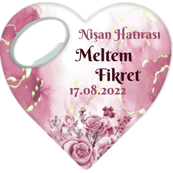 Bordo Pembe Güller ile Mermer Fon Temalı Kalp Şekilli Magnet Açacak