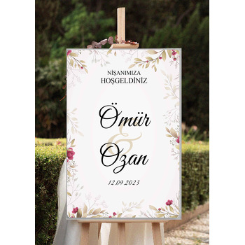 Bordo Tomurcuk Çiçekler ile Yapraklar Temalı Söz Nişan Nikah Dekota Karşılama Panosu