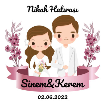 Buketli Gelin ile Damat Pembe Flama Temalı Kare Doğum Günü Parti Afiş
