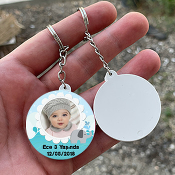 Bulut ve Fil Temalı Resimli Daire Plastik Anahtarlık