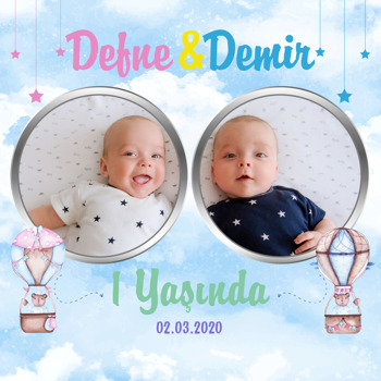 Bulutlarda İkiz Balonlar Temalı Doğum Günü Kare Parti Afiş