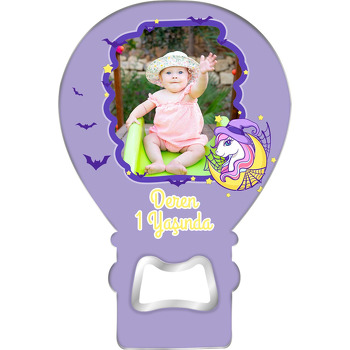 Cadı Unicorn ile Mor Fon Temalı Balon Ahşap Magnet 