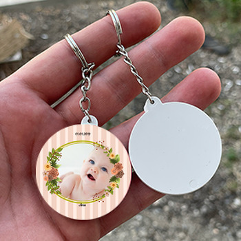 Çiçek Çerçeve Temalı Resimli  Daire Plastik Anahtarlık