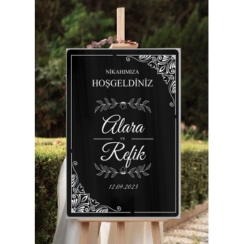 Çiçek Motifli Beyaz Çerçeve Siyah Fon Temalı Söz Nişan Nikah Dekota Karşılama Panosu
