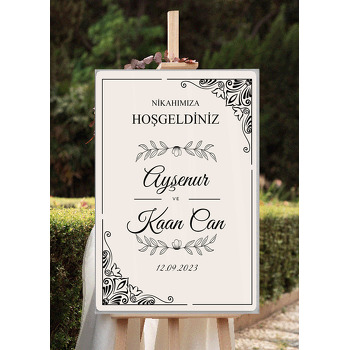 Çiçek Motifli Siyah Çerçeve Krem Fon Temalı Söz Nişan Nikah Dekota Karşılama Panosu