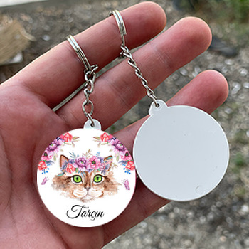 Çiçek Taçlı Kedi Temalı Daire Plastik Anahtarlık