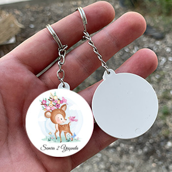 Çiçek Taçlı Yavru Geyik ile Pembe Kuş Temalı Daire Plastik Doğum Günü Anahtarlık