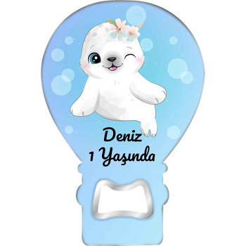 Çiçekli Beyaz Fok Temalı Balon Ahşap Magnet 