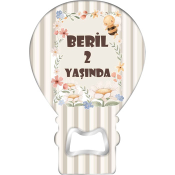 Çiçekli Çerçevede Arı Çizgili Fon Temalı Balon Ahşap Magnet 
