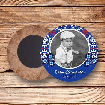 Çiçekli Çini Desen ile Sünnet Temalı Daire Ahşap Magnet