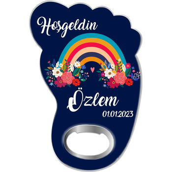 Çiçekli Gökkuşağı ile Lacivert Fon Temalı Ayak İzi Magnet Açacak