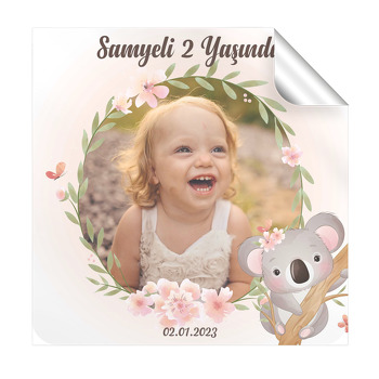 Çiçekli Koala Temalı Kare Parti Etiket