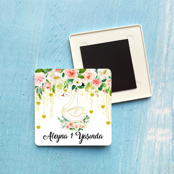 Çiçekli Kuğu Temalı Plastik Kare Magnet