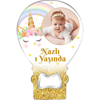 Çiçekli Unicorn Portresi ile Sim Temalı Balon Ahşap Magnet 