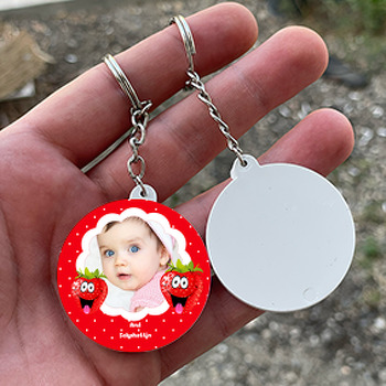 Çilek Temalı Resimli Daire Plastik Anahtarlık