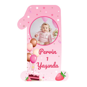 Çilekli Dilim Pasta ile Konfetiler Temalı Doğum Günü Magnet