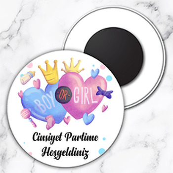 Cinsiyet Partisi Kalp ile Taçlar Temalı Daire Plastik Doğum Günü Magnet