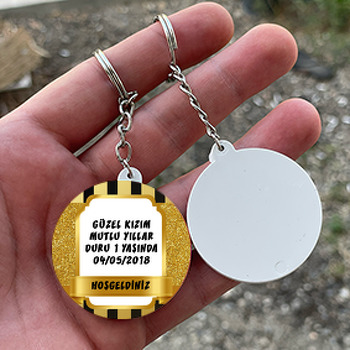 Çizgili Gold Çerçeve Temalı Daire Plastik Anahtarlık