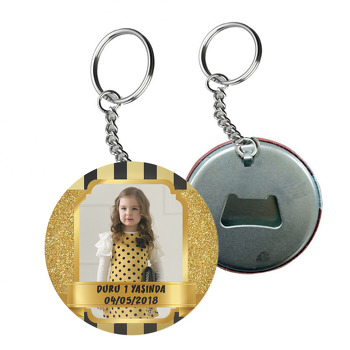 Çizgili Gold Çerçeve Temalı Resimli Arkası Açacak Anahtarlık