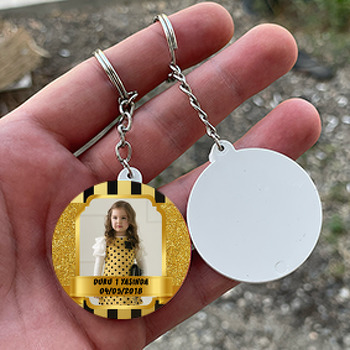 Çizgili Gold Çerçeve Temalı Resimli Daire Plastik Anahtarlık