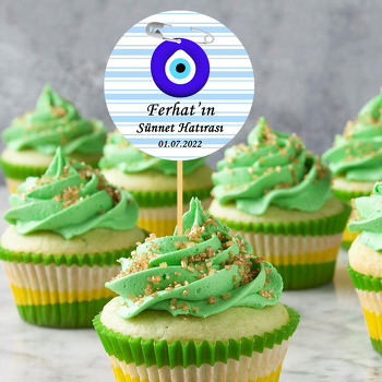 Çizgili Mavi Fonda Nazar İğnesi ile Sünnet Temalı Parti Kürdan Süs