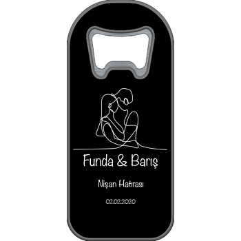 Çizgisel Aşıklar Temalı Siyah Söz Nişan Nikah Uzun Oval Magnet Açacak