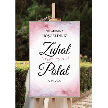 Çizgisel Beyaz Yapraklar Pembe Mor Suluboya Fon Temalı Söz Nişan Nikah Dekota Karşılama Panosu