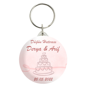 Çizgisel Düğün Pastası Pembe Fon Temalı Anahtarlık