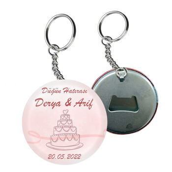 Çizgisel Düğün Pastası Pembe Fon Temalı Arkası Açacak Anahtarlık