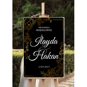 Çizgisel Gold Gül ile Siyah Fon Temalı Söz Nişan Nikah Dekota Karşılama Panosu
