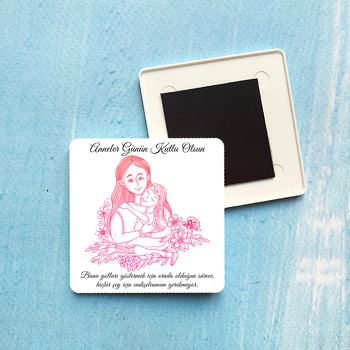 Çizgisel Pembe Anne Kız Temalı Plastik Kare Magnet