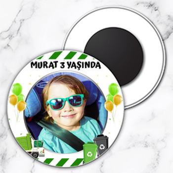 Çöp Kamyonu Temalı Resimli Daire Plastik Magnet