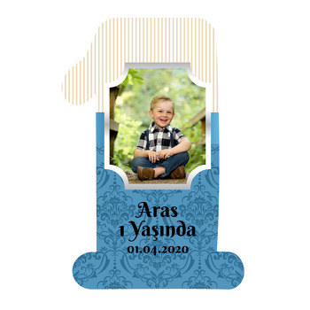 Damask Mavi ve Krem Çizgiler Temalı Doğum Günü Magnet
