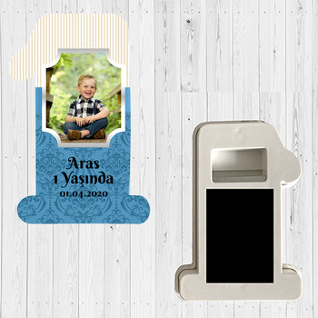 Damask Mavi ve Krem Çizgiler Temalı Doğum Günü Magnet Açacak