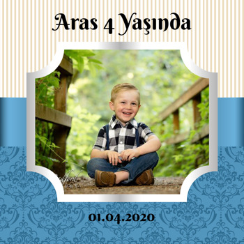 Damask Mavi ve Krem Çizgiler Temalı Kare Parti Afiş