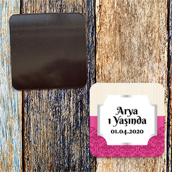 Damask Vişne ve Krem Çizgiler Temalı Kare Magnet