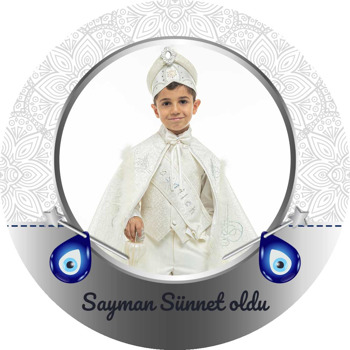 Damla Nazar Boncukları ile Beyaz Desenli Sünnet Hatırası Temalı Akrilik Daire Magnet