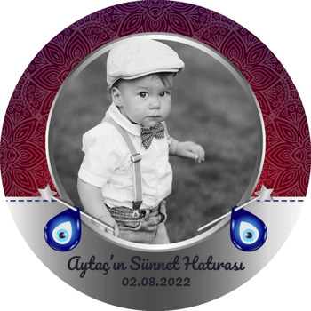 Damla Nazar Boncukları ile Bordo Desenli Sünnet Hatırası Temalı Akrilik Daire Magnet