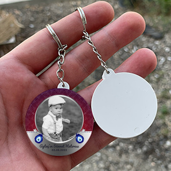 Damla Nazar Boncukları ile Bordo Desenli Sünnet Hatırası Temalı Daire Plastik Anahtarlık