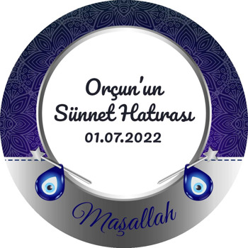 Damla Nazar Boncukları ile Mavi Desenli Sünnet Hatırası Temalı Akrilik Daire Magnet