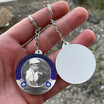 Damla Nazar Boncukları ile Mavi Desenli Sünnet Hatırası Temalı Daire Plastik Anahtarlık