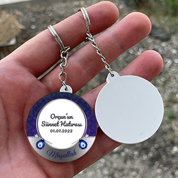 Damla Nazar Boncukları ile Mavi Desenli Sünnet Hatırası Temalı Daire Plastik Anahtarlık