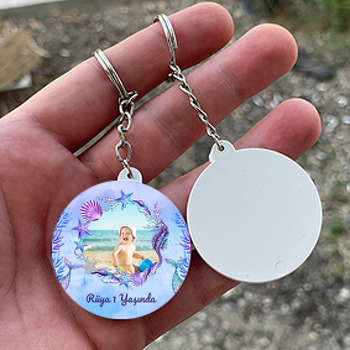 Deniz Canlıları ile Mor Fon Temalı Daire Plastik Anahtarlık