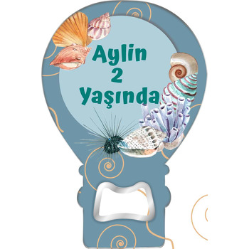 Deniz Kabukları ile Mavi Fon Temalı Balon Ahşap Magnet 