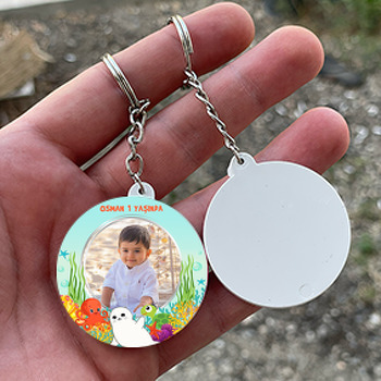 Denizaltı Hayvanları ile Fok Temalı Daire Plastik Anahtarlık