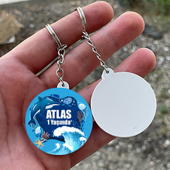 Denizaltı ile Yunus ve Dalgalar Temalı Daire Plastik Doğum Günü Anahtarlık