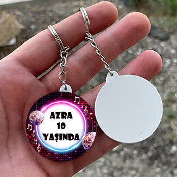 Disko Topu ile Neon Çerçeve Temalı Daire Plastik Anahtarlık